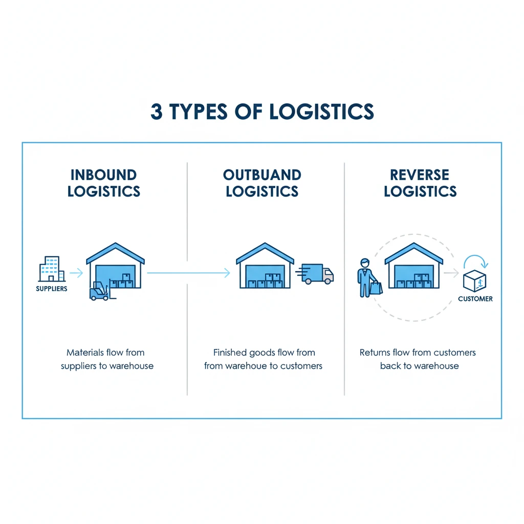 The 3 types of logistics explained: inbound logistics, outbound logistics, and reverse logistics.