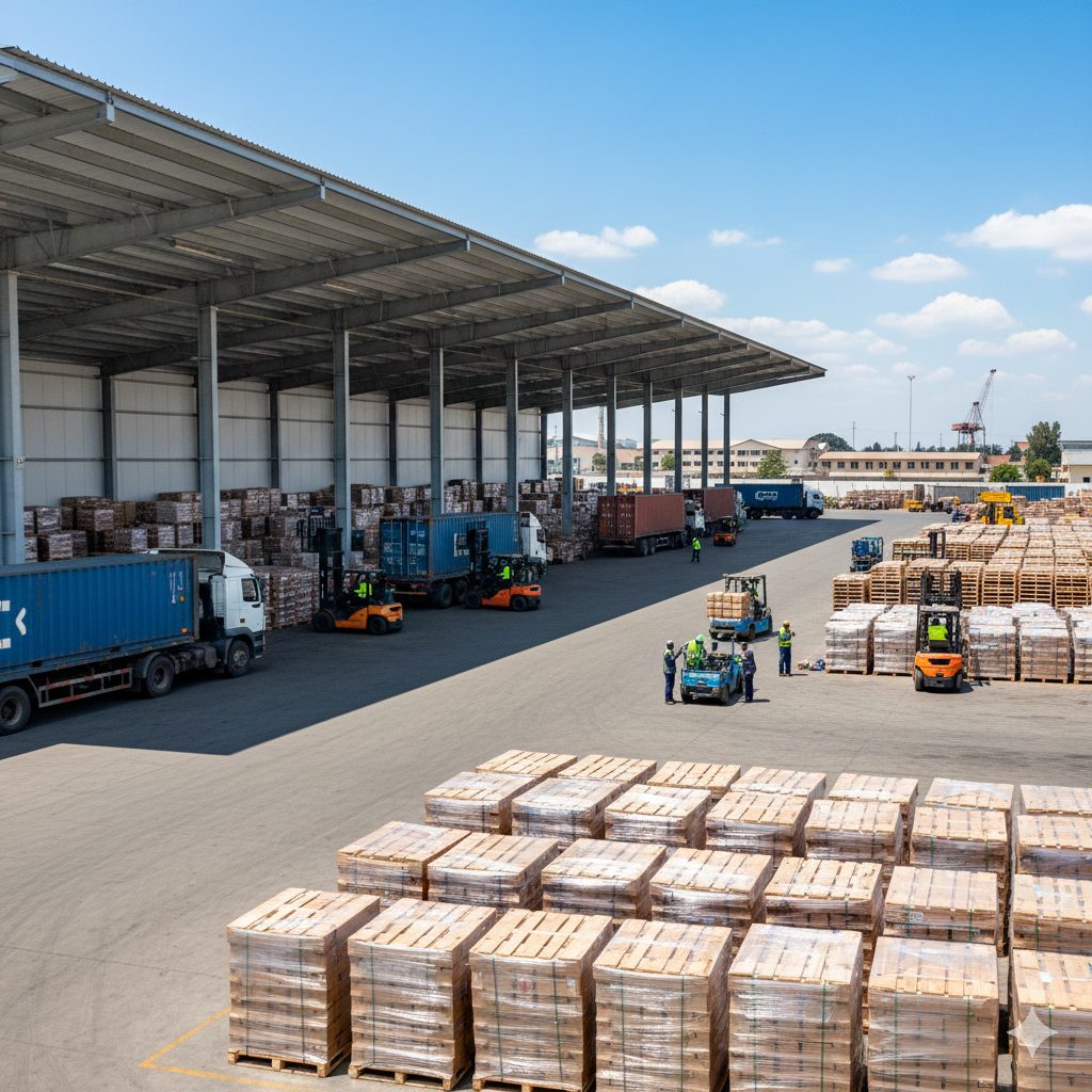 3PL logistics warehouse in Kenya with workers handling cargo containers and trucks for distribution.