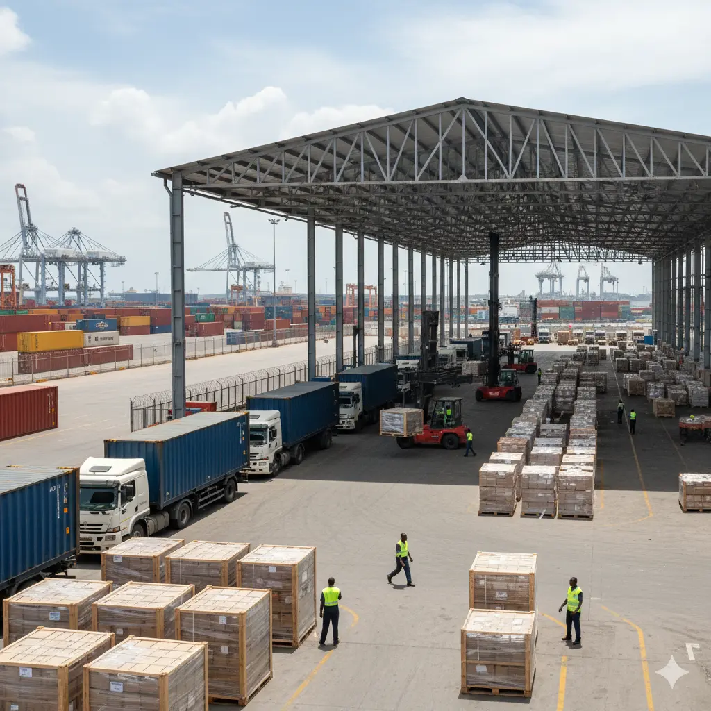 4PL logistics in Kenya managing supply chain operations with containers, trucks, and warehouse staff
