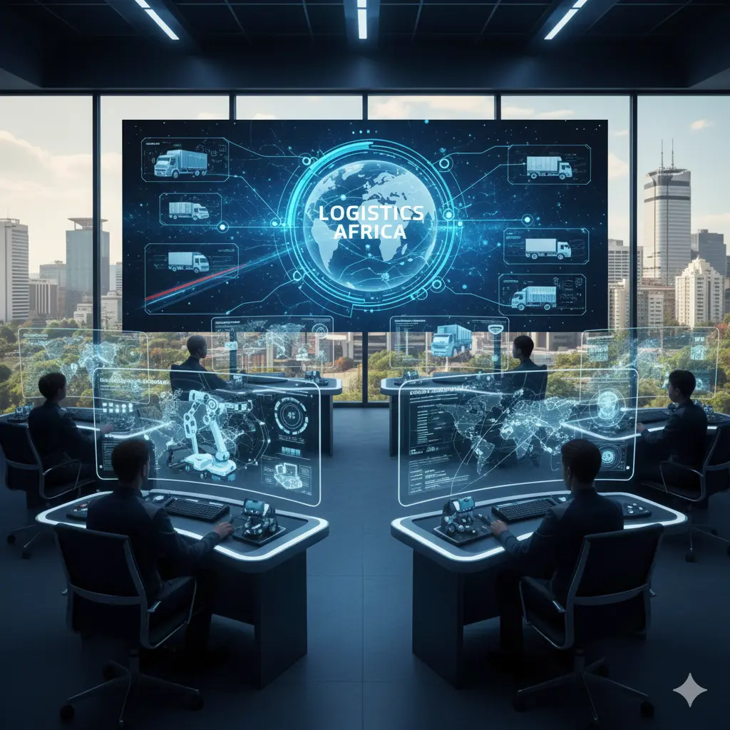 5PL logistics control center managing supply chains with cargo, trucks, and automated warehouse systems