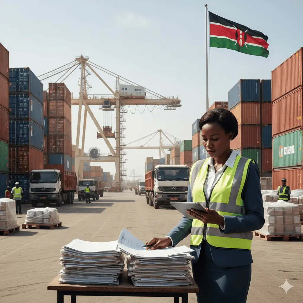 Clearing and forwarding agent in Kenya handling shipping documents and coordinating cargo at a busy port with containers and trucks