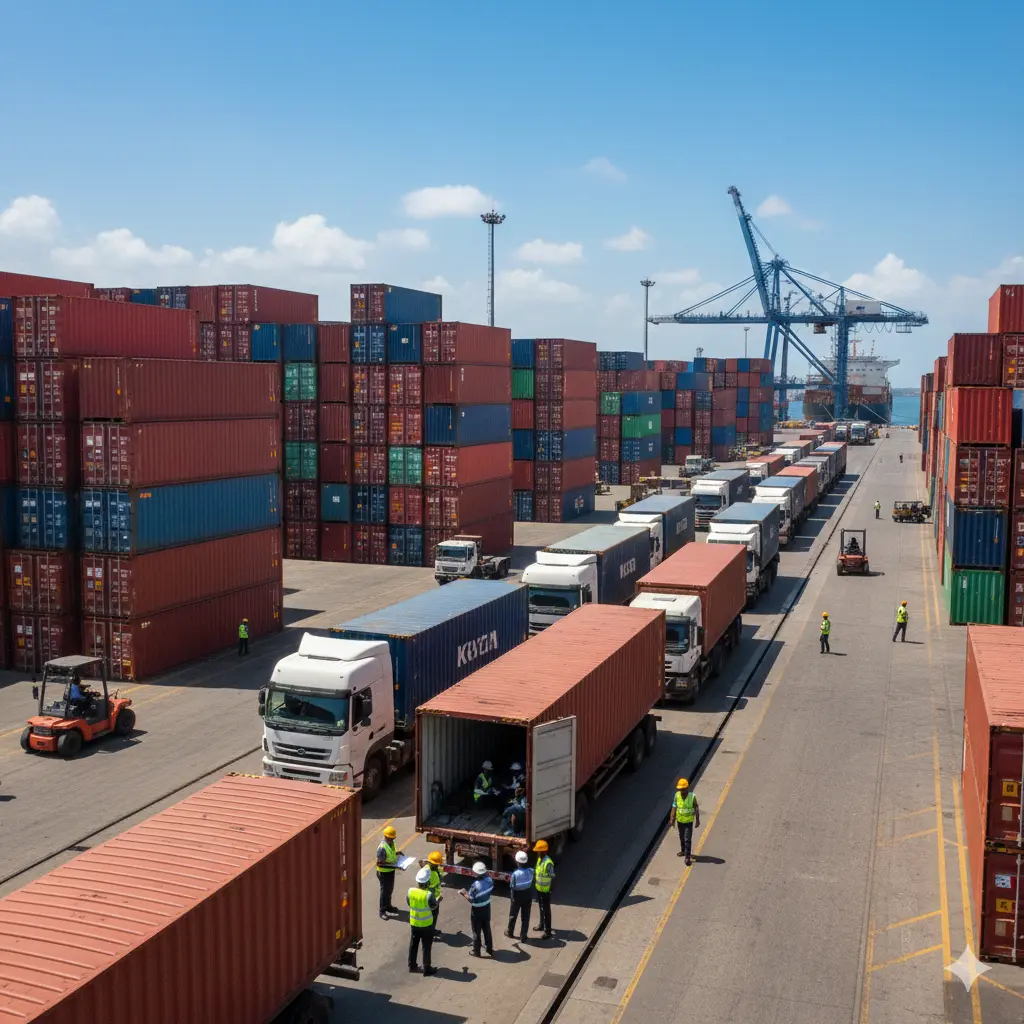 Customs clearance process at the Port of Mombasa with containers, trucks, and Kenyan customs officers