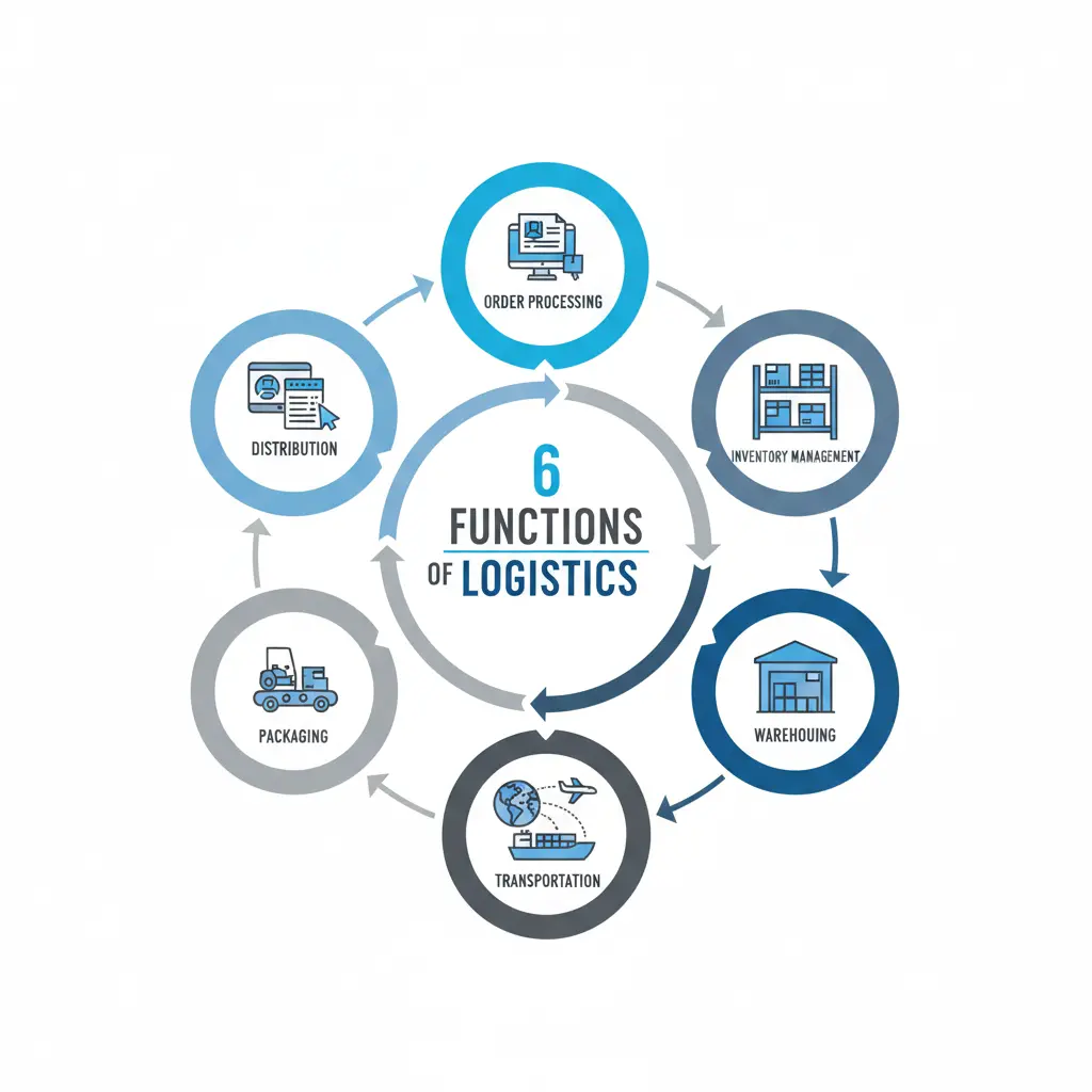 Six functions of logistics: order processing, inventory management, warehousing, packaging, transportation, and distribution.