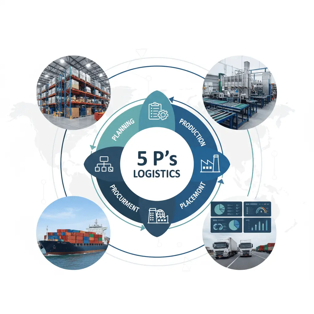 5 P’s of logistics explained – Planning, Procurement, Production, Placement, and Performance in supply chain management.
