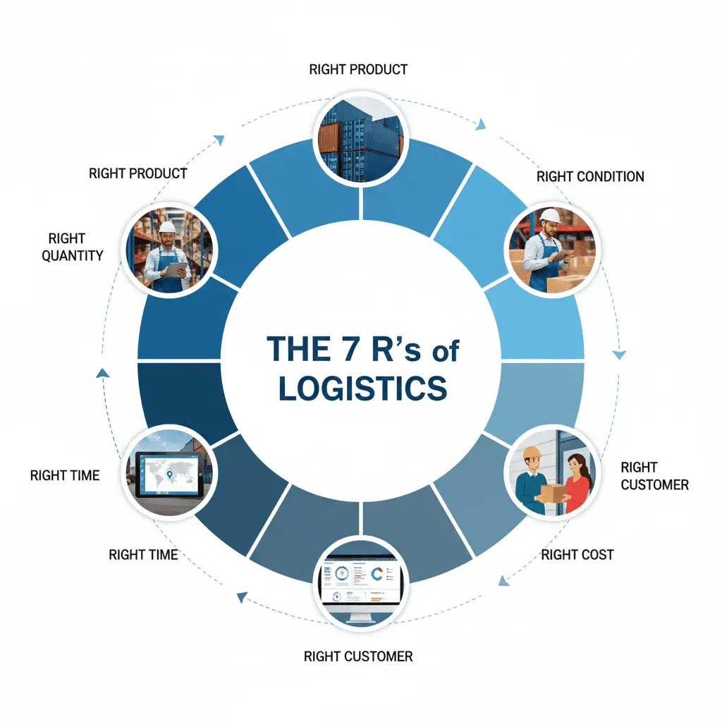 7 R’s of logistics: right product, right quantity, right condition, right place, right time, right customer, and right cost
