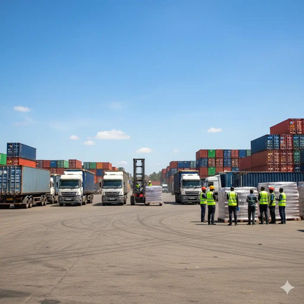 2PL logistics in Kenya with trucks, cargo containers, and workers handling shipments in a warehouse yard