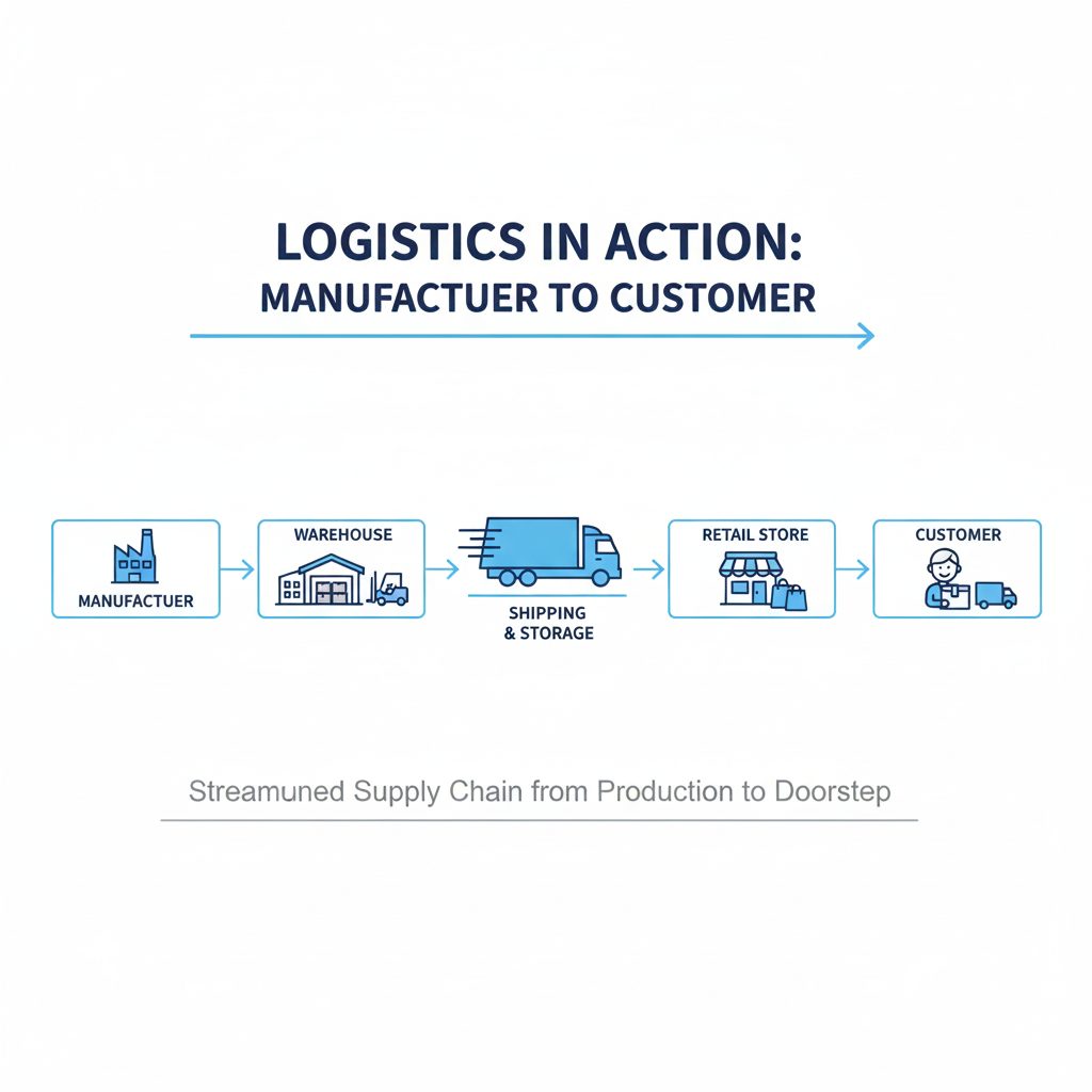Example of logistics in action showing goods moving from manufacturer to warehouse to customer.