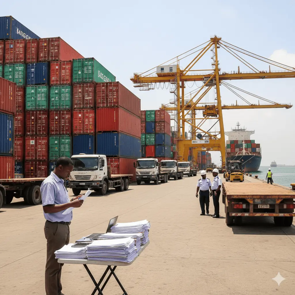 Clearing agent handling customs documentation at the Port of Mombasa in Kenya