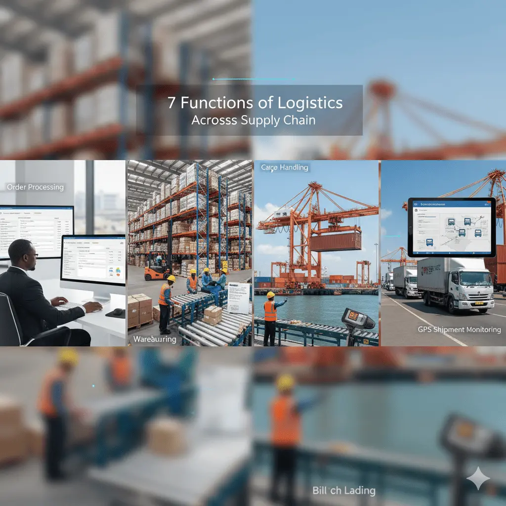 7 functions of logistics explained: order processing, inventory management, warehousing, packaging, cargo handling, transportation, and monitoring