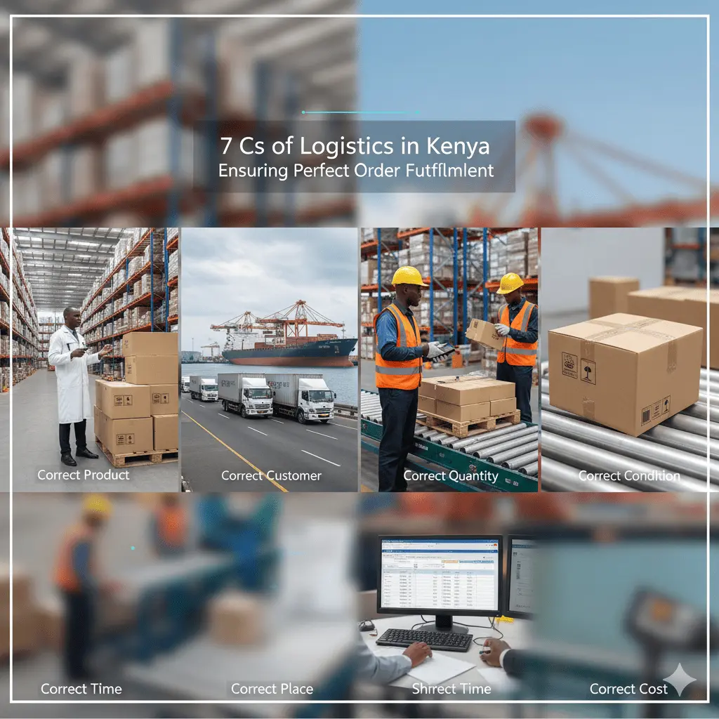 7 Cs of logistics explained: right product, right quantity, right condition, right place, right time, right customer, and right cost.