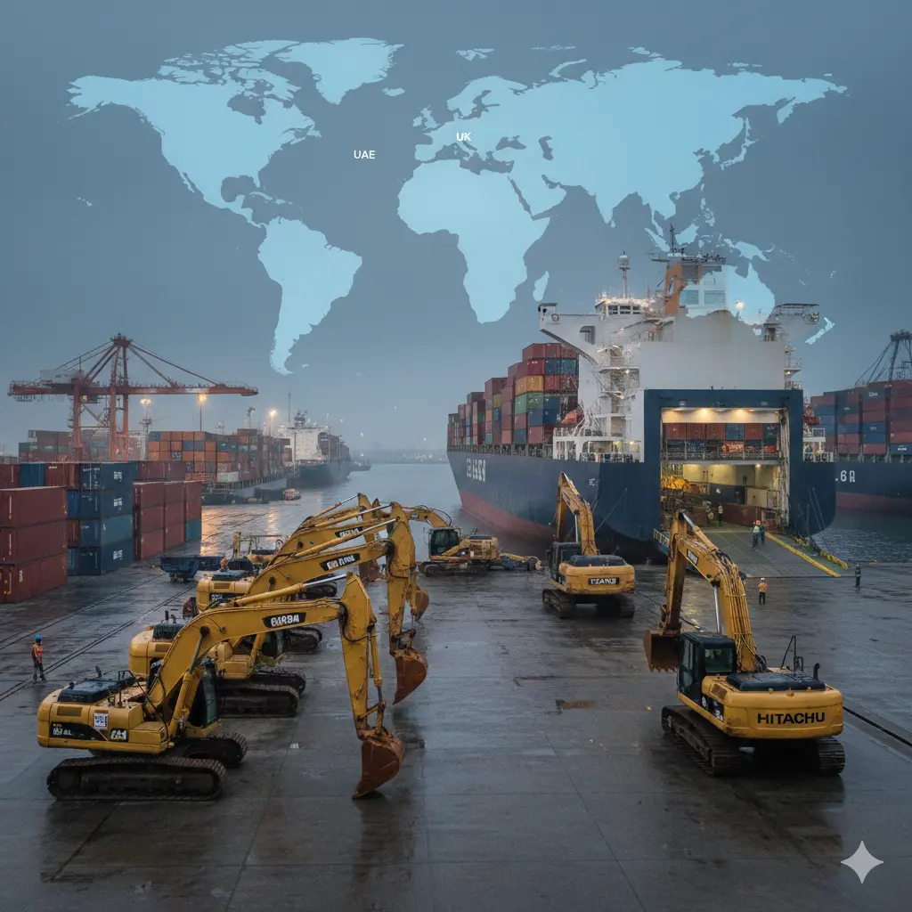 Used excavators for sale in top countries like Japan, UAE, USA, and UK ready for export to Kenya, highlighting global shipping and heavy machinery trade.