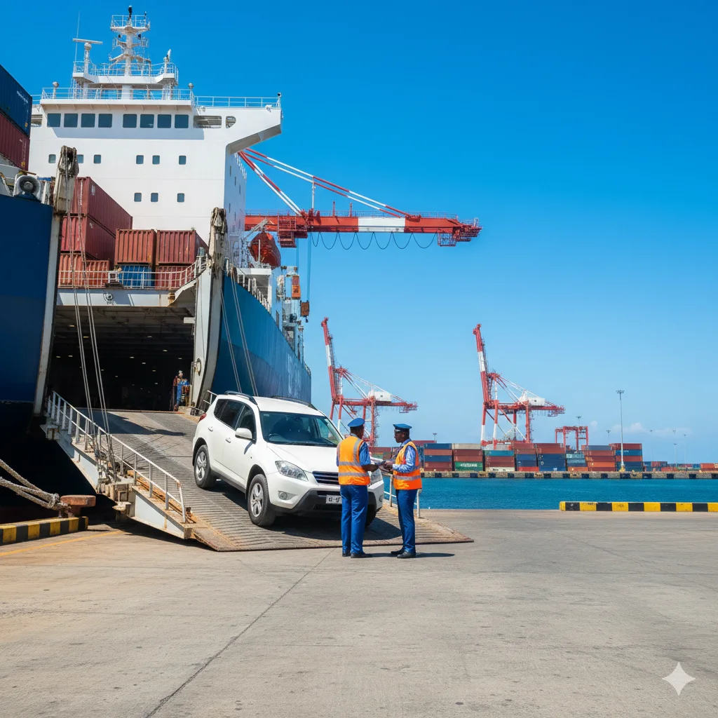 Used Japanese car being unloaded at the Port of Mombasa during the car import process from Japan to Kenya with customs clearance in progress.