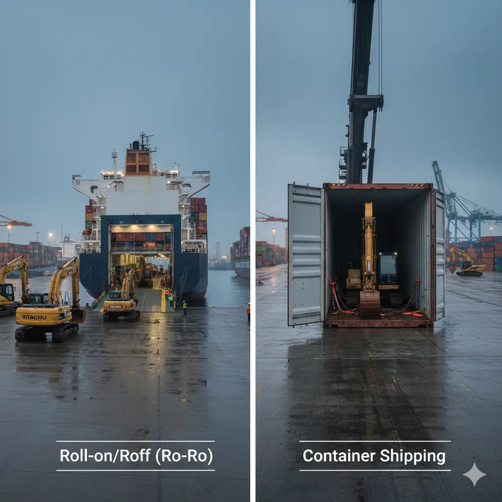 Customs clearance process for heavy machinery in Kenya, showing inspection of excavators and documents at the port.