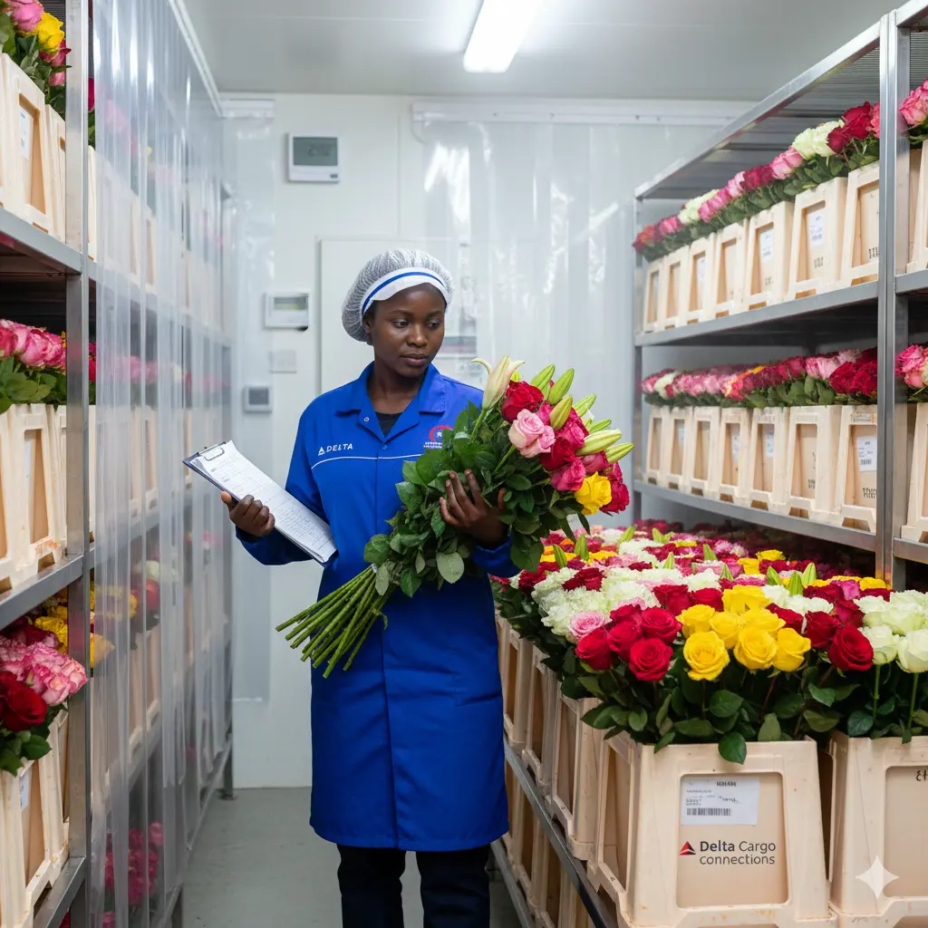 Kenyan flowers ready for export with a clearance expert assisting in documentation and shipment.