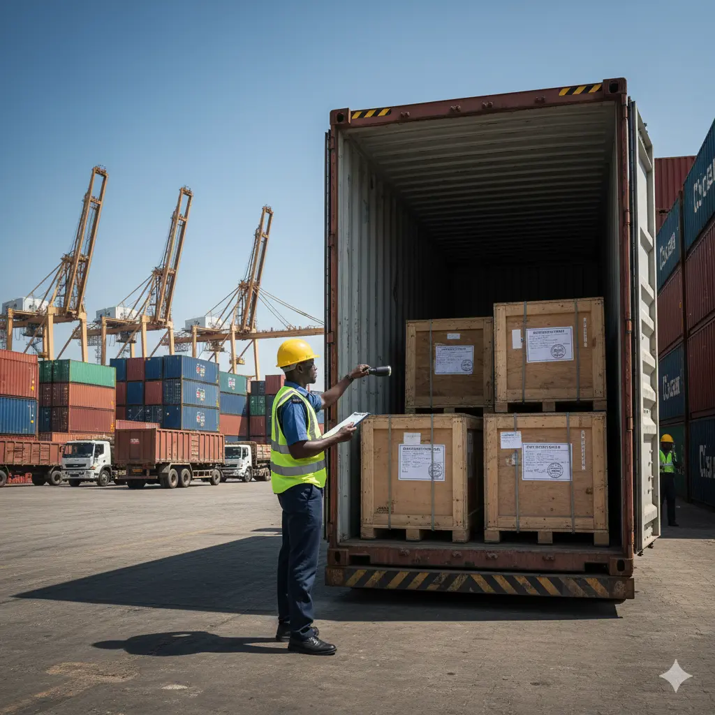 Customs officer checking cargo at Port of Mombasa, Kenya, with HS codes and shipping documents visible.