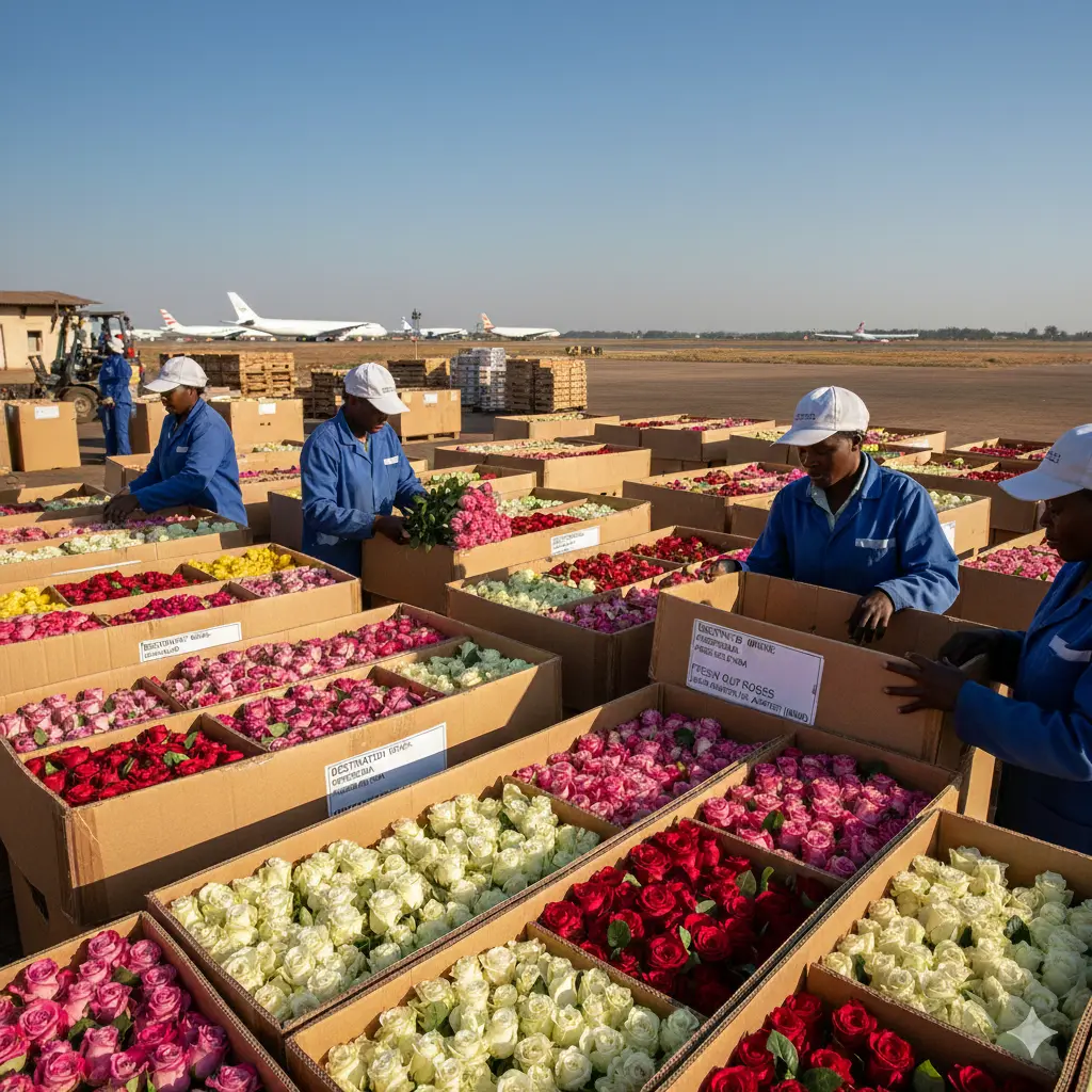 Workers packing fresh-cut roses for export at a Kenyan flower farm before shipment through Jomo Kenyatta International Airport