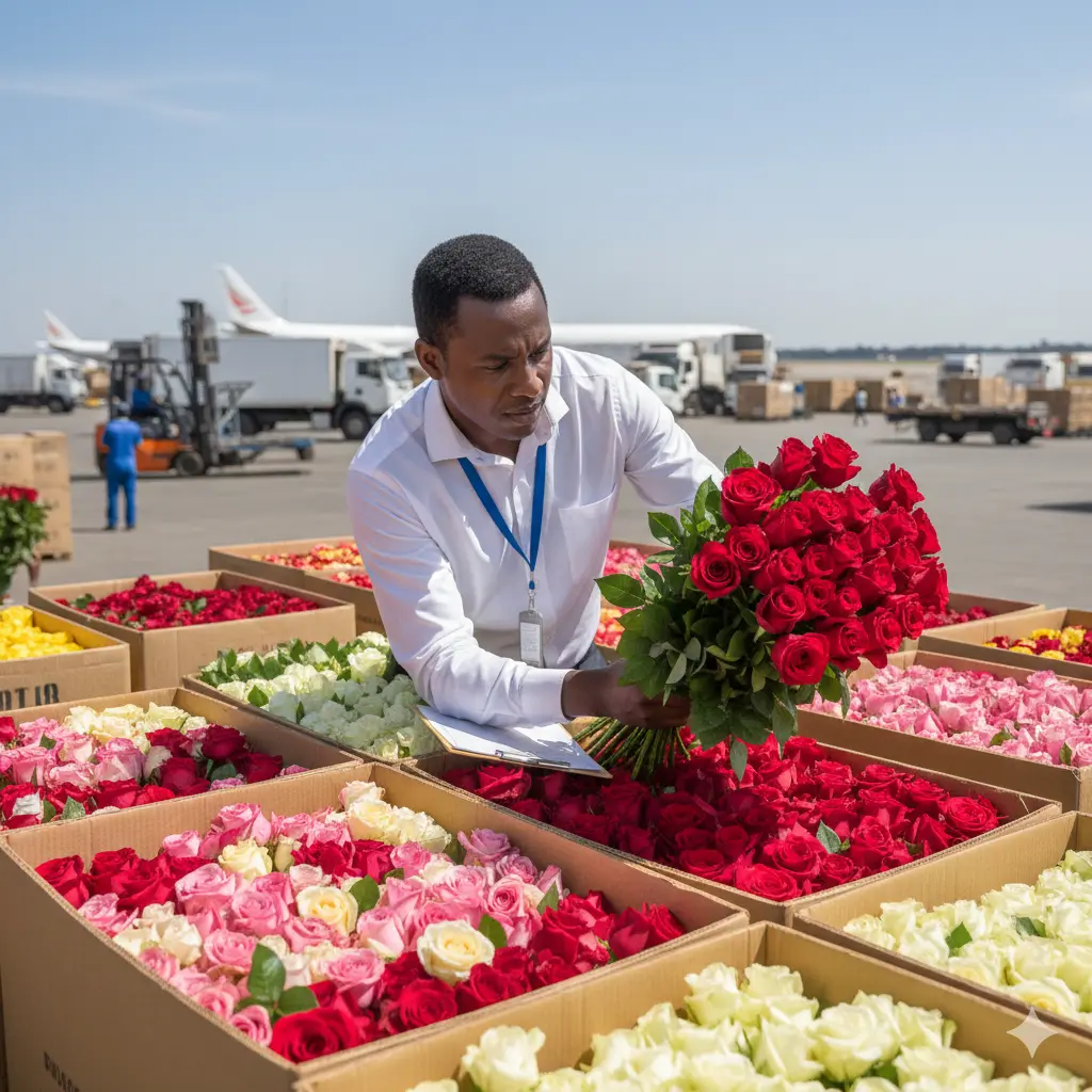 Kenyan flowers being prepared for export at Jomo Kenyatta International Airport, highlighting freight, taxes, and EU plant regulations challenges