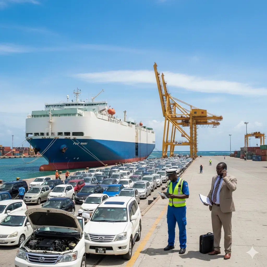 Used Japanese cars being offloaded at Mombasa Port for import to Kenya